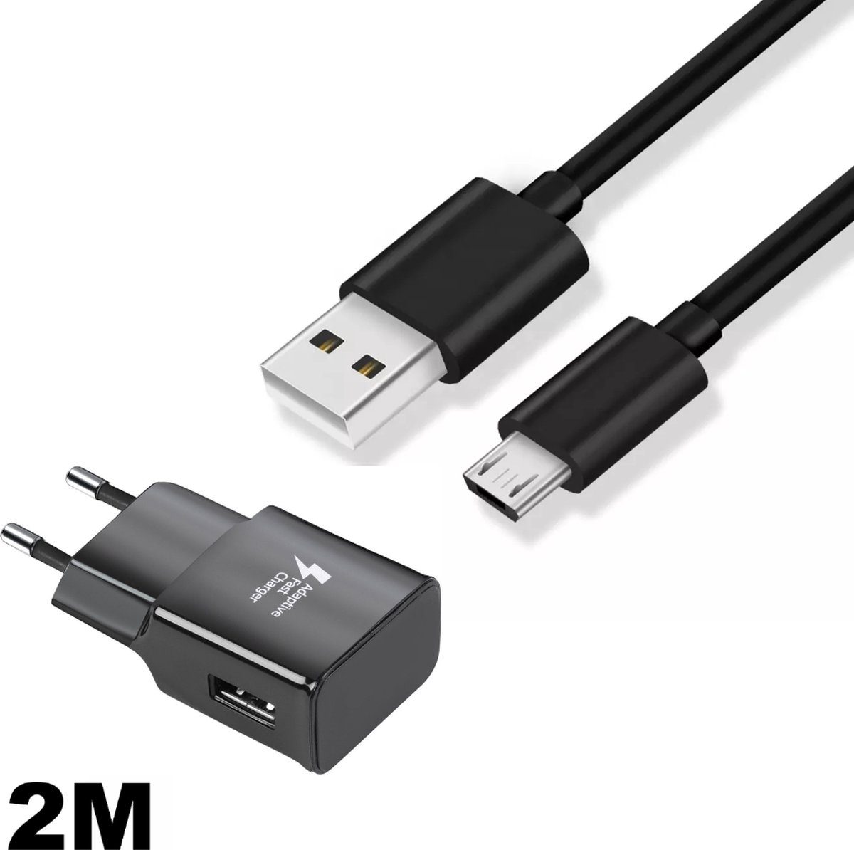 Micro USB Kabel 2 Meter Met Adapter - Ook geschikt Voor Xbox One en Playstation 4 - Micro-USB Oplaadkabel - Zwart