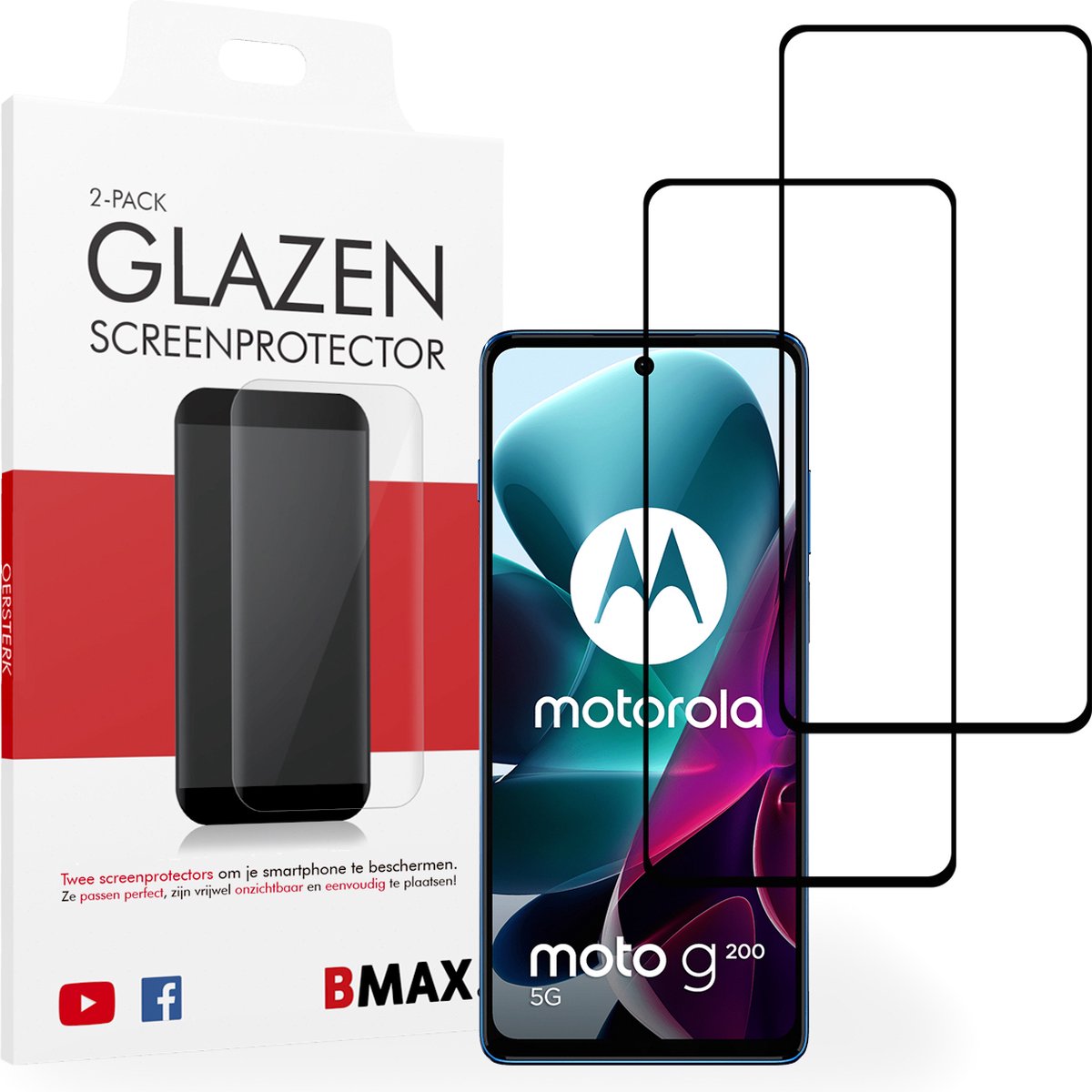 2-pack BMAX geschikt voor Motorola Moto G200 Screenprotector - Full Cover - Gehard glas - Tempered glas - Motorola screenprotectors 2 stuks - Telefoonglaasje - Beschermglas - Glasplaatje - Screensaver - Screen protector - Case friendly - Zwart