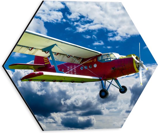 WallClassics - Dibond Hexagon - Rode Zweefvliegtuig in de Lucht - 30x26.1 cm Foto op Hexagon (Met Ophangsysteem)