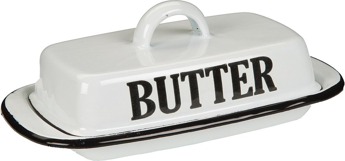 Botervloot met deksel - Emaille - Butter Opdruk - Wit - Zwart - Glazend - 250 gram roomboter