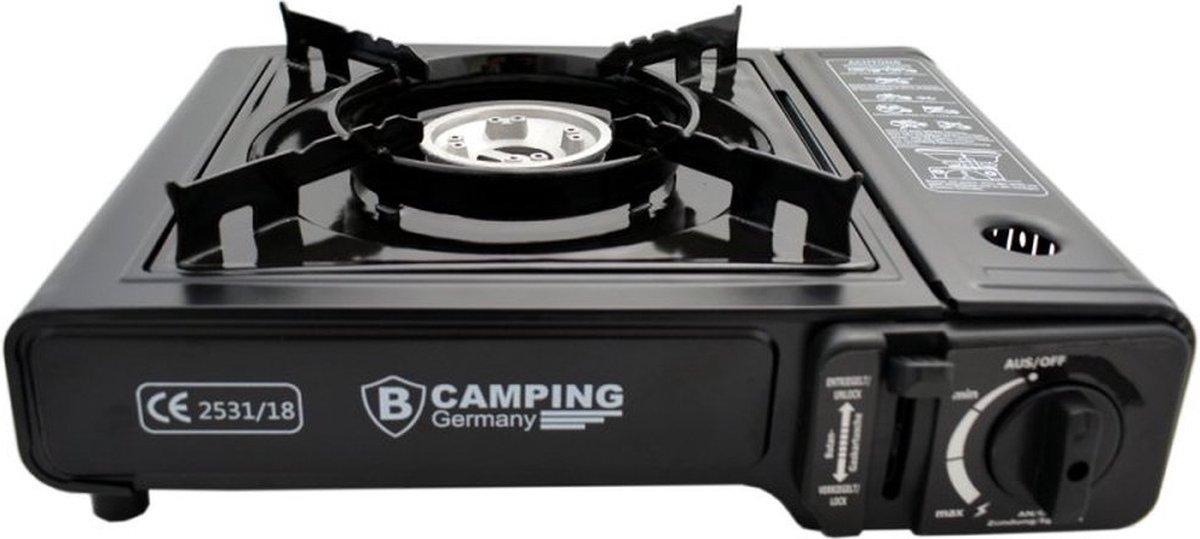 TronicXL Turbo Camping gasfornuis, nood gasfornuis, campingkooktoestel, gaskooktoestel, 1 vlam, piëzo-ontsteking, aluminium brander + koffer set draagtas