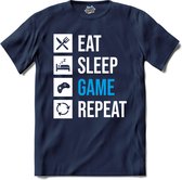 Eat , Sleep , Game And Repeat | Gamen - Hobby - Controller - T-Shirt - Unisex - Navy Blue - Maat S