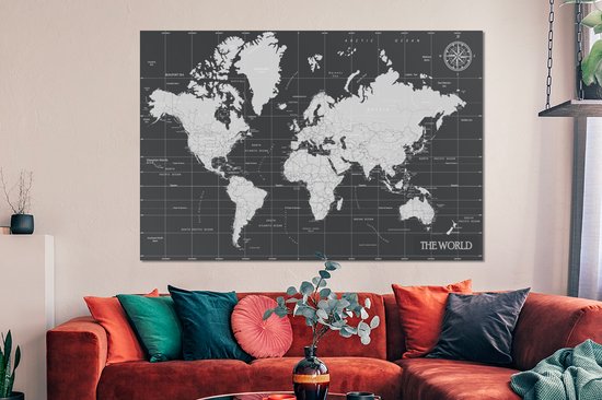 Décoration murale Métal - Aluminium - Wereldkaart - Zwart - Wit - Monde - 150x100 cm