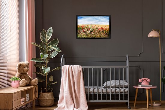 Photo encadrée - Champ de fleurs sous le ciel bleu cadre photo noir sans passe partout 60x40 cm - Affiche encadrée (Décoration murale salon / chambre)