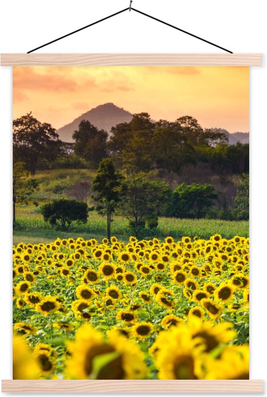 Textielposter met zonnebloemenveld, bos en een berg op de achtergrond, opgehangen aan houten latten.