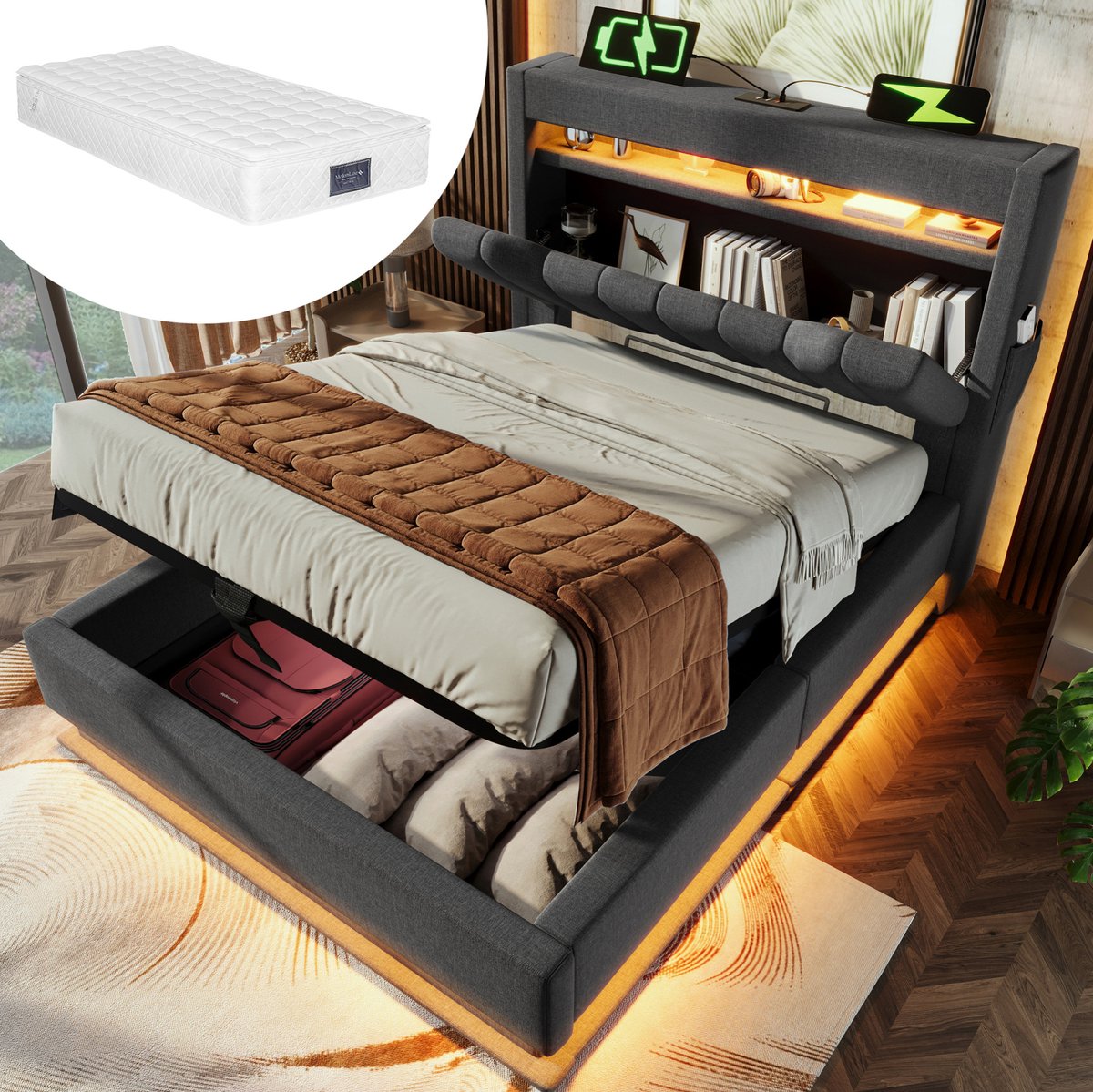 MEUNIQ gestoffeerd eenpersoons bed 90x200 cm met matras, LED-verlichting, hoofdbord met USB en USB-C, hydraulische opbergruimte en opbergvakken, grijs