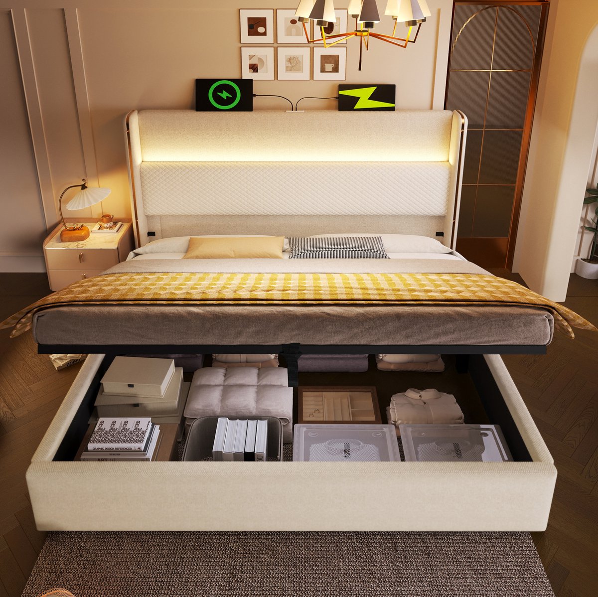 MEUNIQ hydraulisch tweepersoonsbed 180x200 cm met hoog hoofdbord, ledverlichting, USB en Type-C, opbergruimte, stof met linnenlook, beige slaapkamerbed