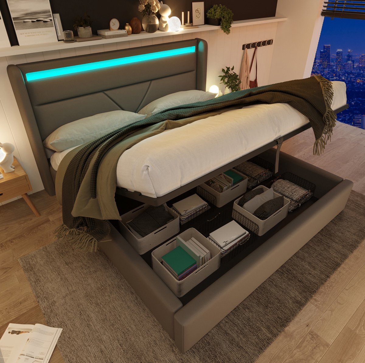 MEUNIQ tweepersoons hydraulisch opbergbed 160x200 cm met LED hoofdbord, lattenbodem, afstandsbediening en opbergruimte, bedframe voor slaapkamer, grijs