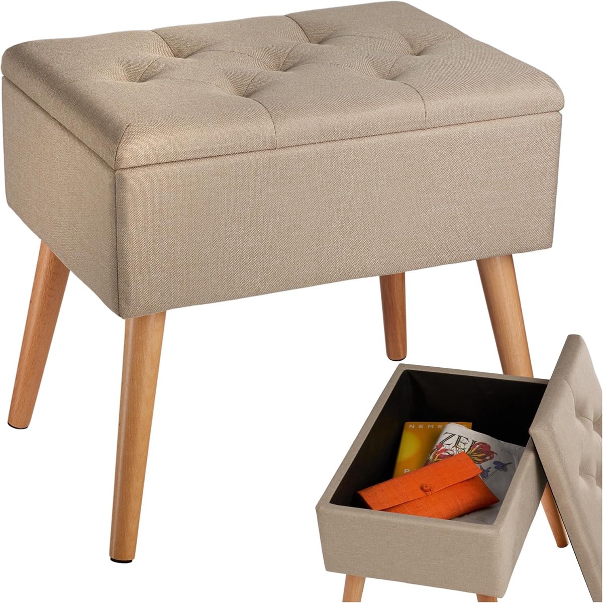 Opbergbank - Zitbank met opbergruimte - Hal organiseren - Stevige constructie - 51 x 37.5 cm - Zandkleur