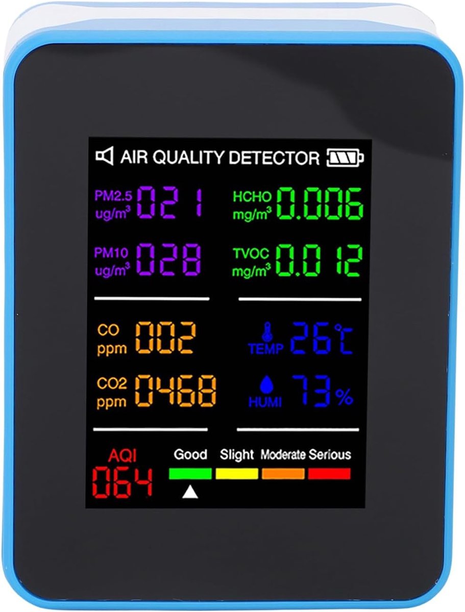 Luchtkwaliteit Tester - Luchtkwaliteit Monitor - Binnenlucht Meten - 10-in-1 Sensor - 14 x 10 x 5 cm - Blauw Wit