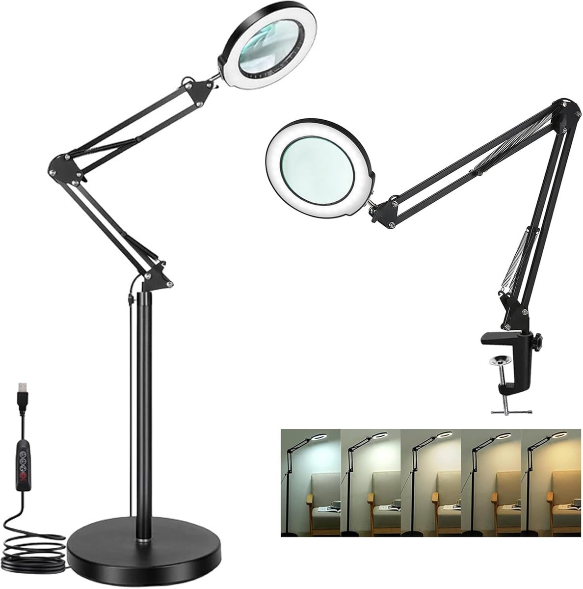 Vergrootglas met licht - Loeplamp standaard - Gedetailleerd werk - Flexibele zwenkarm - 10x vergroting - Zwart