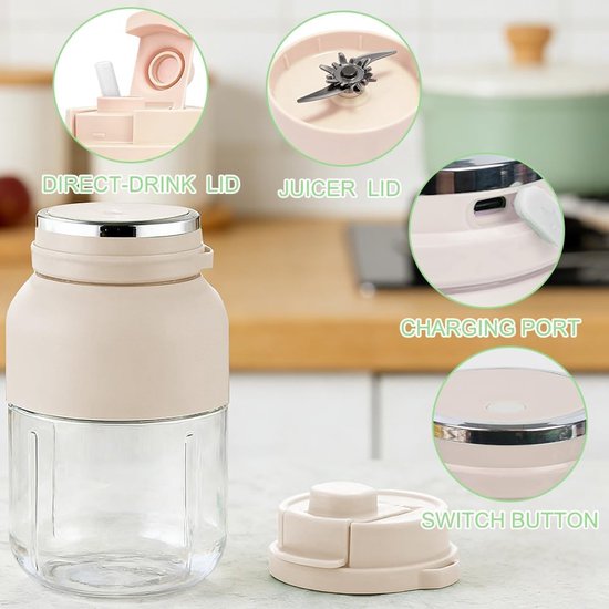 Draagbare Blender - Mixer To Go - Smoothies Maken - 38 Roestvrijstalen Messen - 1200 ml - Crèmekleurig — afbeelding 2