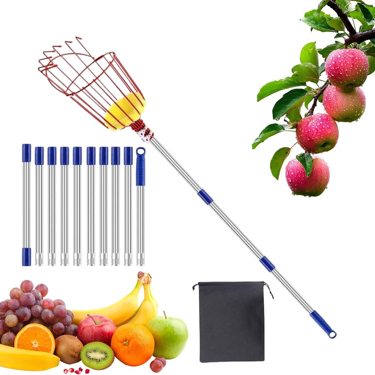 Fruit Plukstok - Fruitverzamelaar - Fruit Oogsten - Uitschuifbaar Telescopisch - 4 Meter Lengte - Zilver