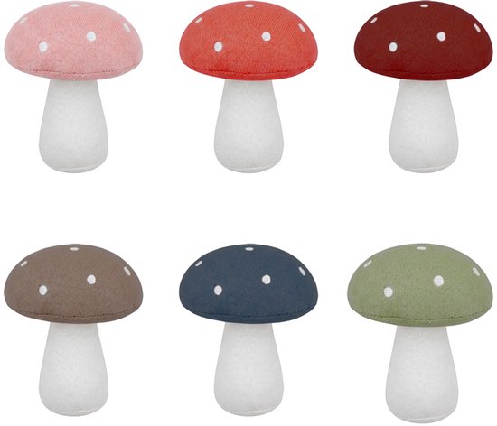 Six champignons décoratifs à pois blancs en rose, rouge, bordeaux, marron, bleu et vert.