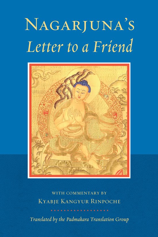 Gouden afbeelding van een zittende Boeddha in een blauw boek met de titel 'Nagarjuna's Letter to a Friend'.