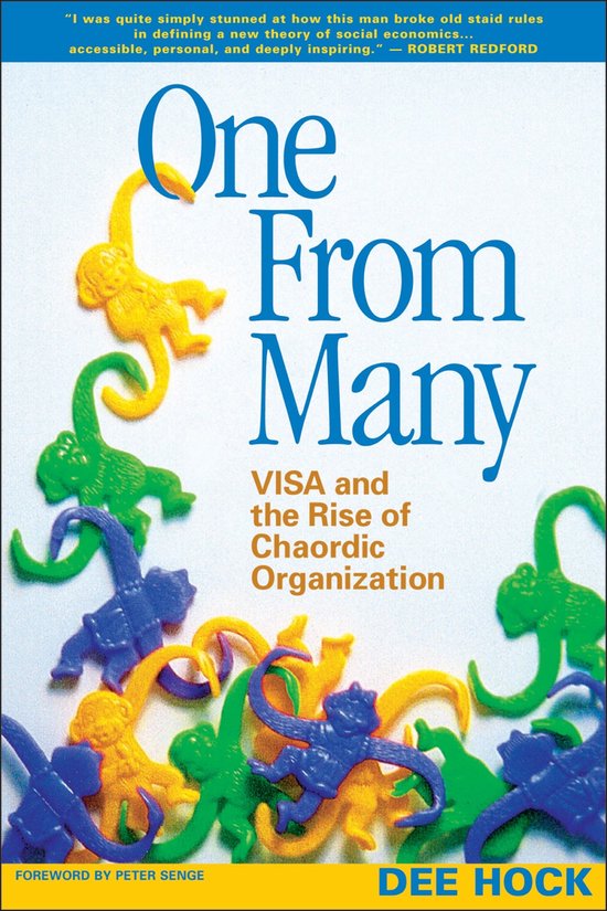 Boekomslag met de titel 'One From Many' en kleine gele, groene en paarse apenfiguurtjes.