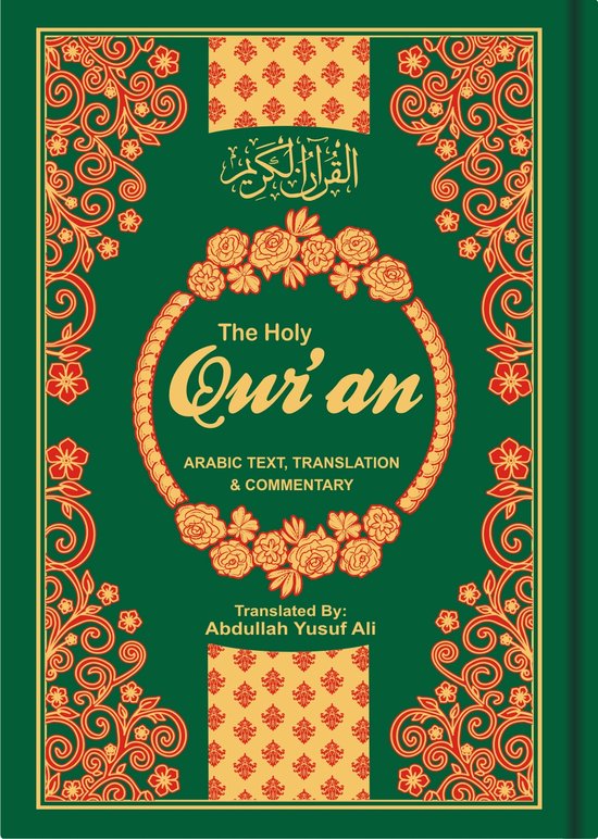 De Heilige Koran met Arabische tekst, vertaling en commentaar, vertaald door Abdullah Yusuf Ali. Groene kaft met gouden en rode ornamenten.