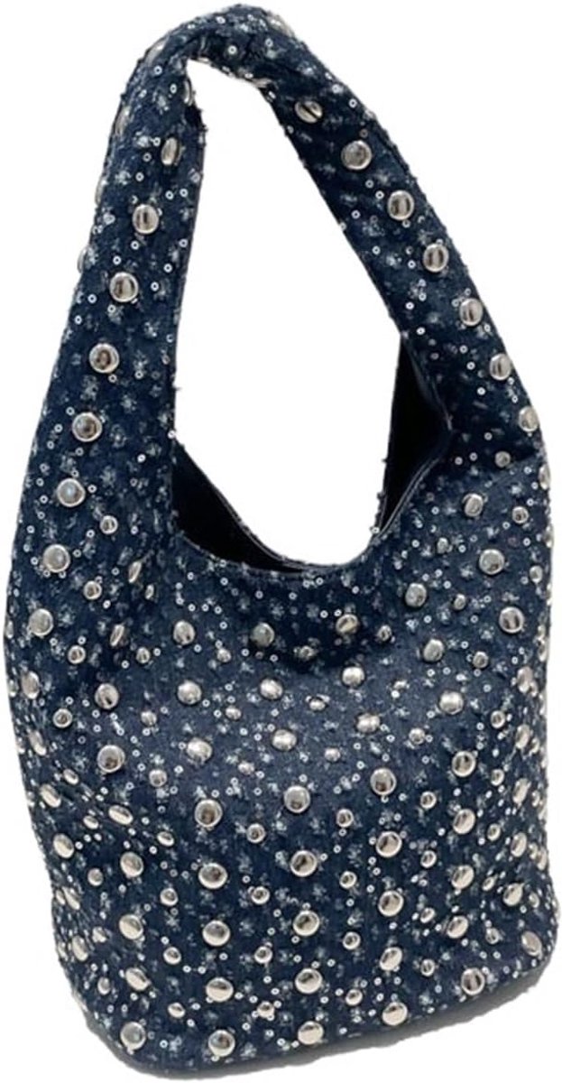 Denim Schoudertas - Vintage Tas - Dagelijks Gebruik - Klinknagels en Pailletten - 1x1x1 cm - Blauw