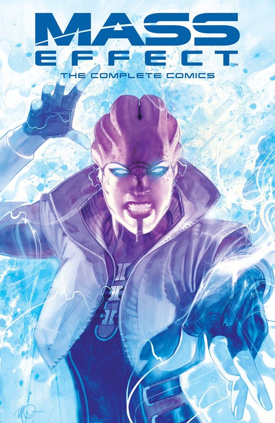 Cover van "Mass Effect: The Complete Comics" met een paarse alien met gloeiende blauwe ogen, omringd door blauwe energie.