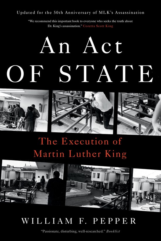 Boekomslag 'An Act of State' met zwart-witfoto's van de moord op Martin Luther King en witte tekst op zwarte achtergrond.