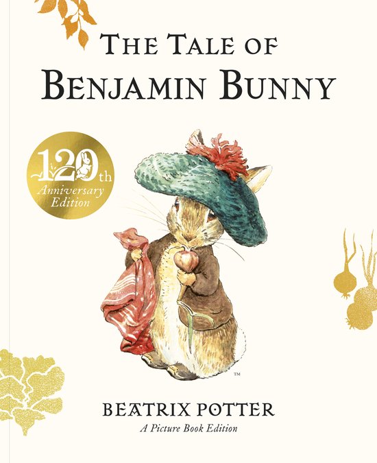 De omslag van het boek 'The Tale of Benjamin Bunny' met een illustratie van Benjamin Bunny in een groen met rode hoed, met een appel in zijn hand.