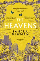 Livre 'The Heavens' de Sandra Newman, couverture jaune avec des vues de ville violettes et des décorations de feu. Avec des citations de Sarah Perry, Guardian, Observer et Irish Times.