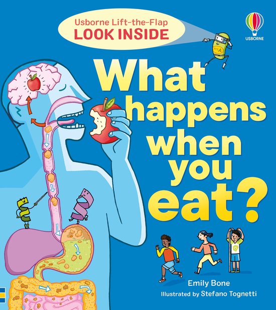 Boekomslag 'What happens when you eat?' met een blauwe achtergrond, een menselijk spijsverteringsstelsel en een hap uit een appel.