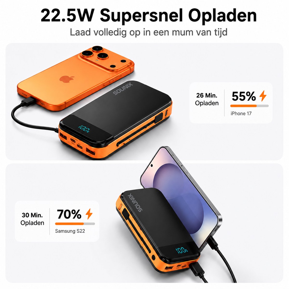 Sounix Powerbank 27.000 mAh met Ingebouwde Kabels - afbeelding 3