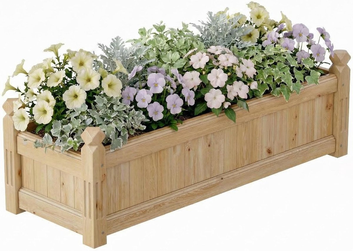 Houten Moestuinbak - Verhoogde Plantenbak van Massief Sparrenhout - 110 x 40 x 35 cm - Rechthoekige Kweekbak met Drainage - Snelle Montage Zonder Gereedschap - Voor Balkon, Terras en Tuin - Natuurlijk Hout