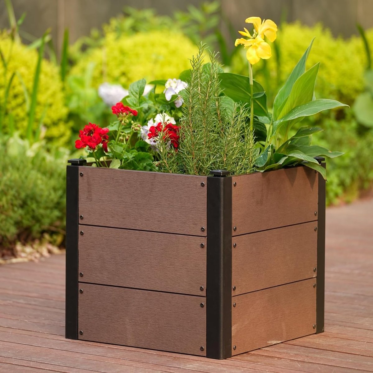Vierkante Moestuinbak met Houtlook - Verhoogde Plantenbak van WPC Composiet - 49 x 49 x 45 cm - Bodemloze Kweekbak met Stalen Hoeken - Voor Balkon, Terras en Tuin - Bruin