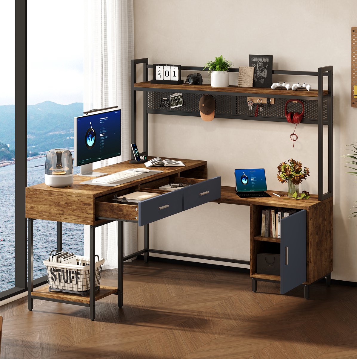 Bureau - L Vormig Hoekbureau Met Laden En Kast - Industrieel Voor Thuiswerk En Studie - MD