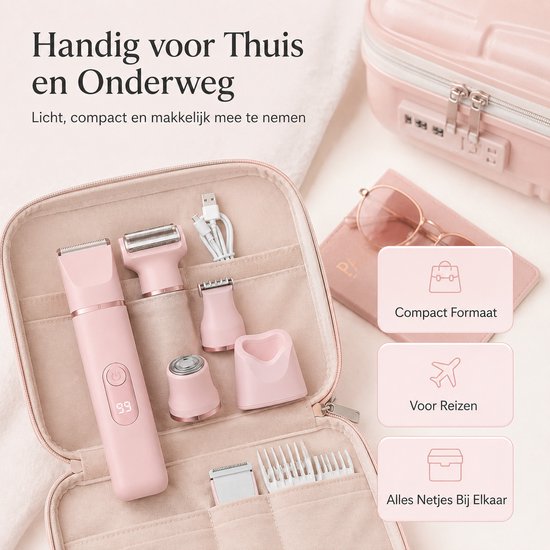 Roze ladyshave en accessoires in een compacte reisetui, ideaal voor thuis en onderweg.