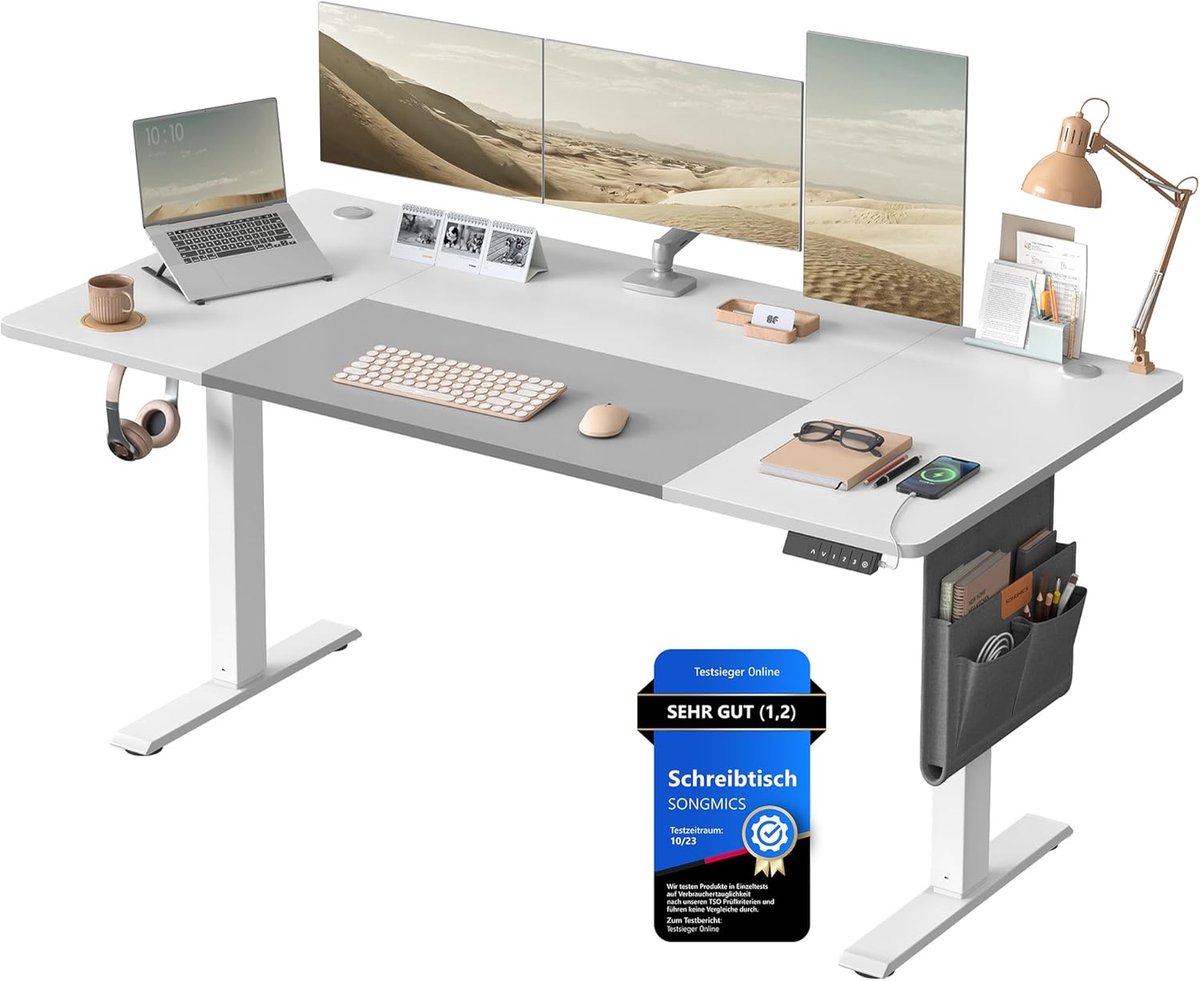 Elektrisch Zit-Sta Bureau 140x60 cm – In Hoogte Verstelbaar Bureau met Geheugenfunctie, 4 Standen, Kabelmanagement, Modern Ergonomisch Thuiswerk Bureau – Natuurlijk Eiken & Mat Wit – Mobili Bella