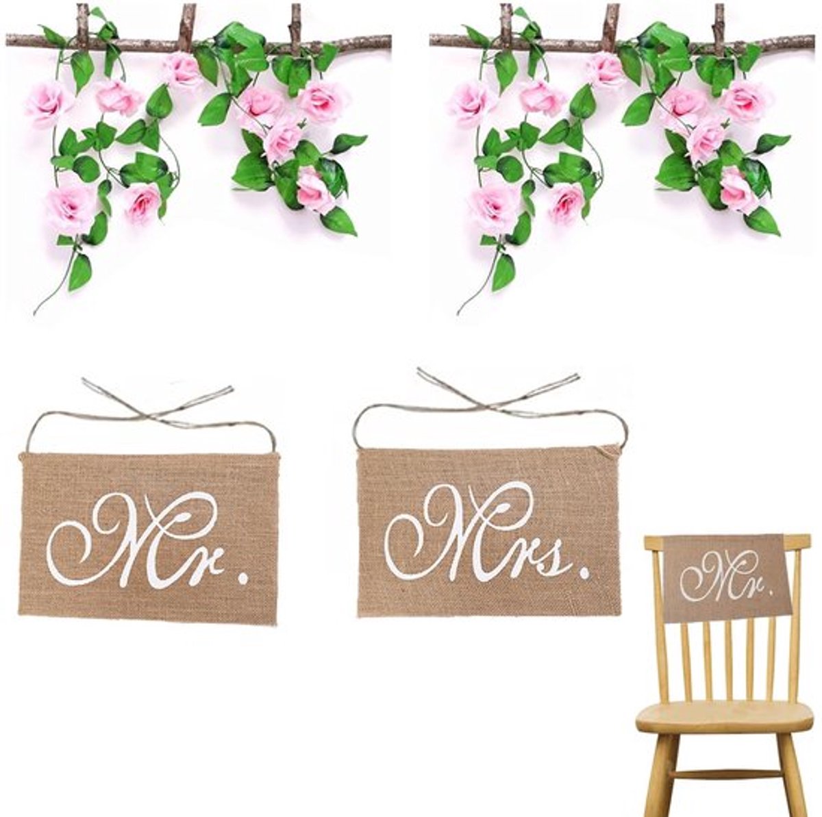 Aladdien - Mr en Mrs Stoel Teken Garland - Bruiloft Versiering - 4 Stuks - Kleur