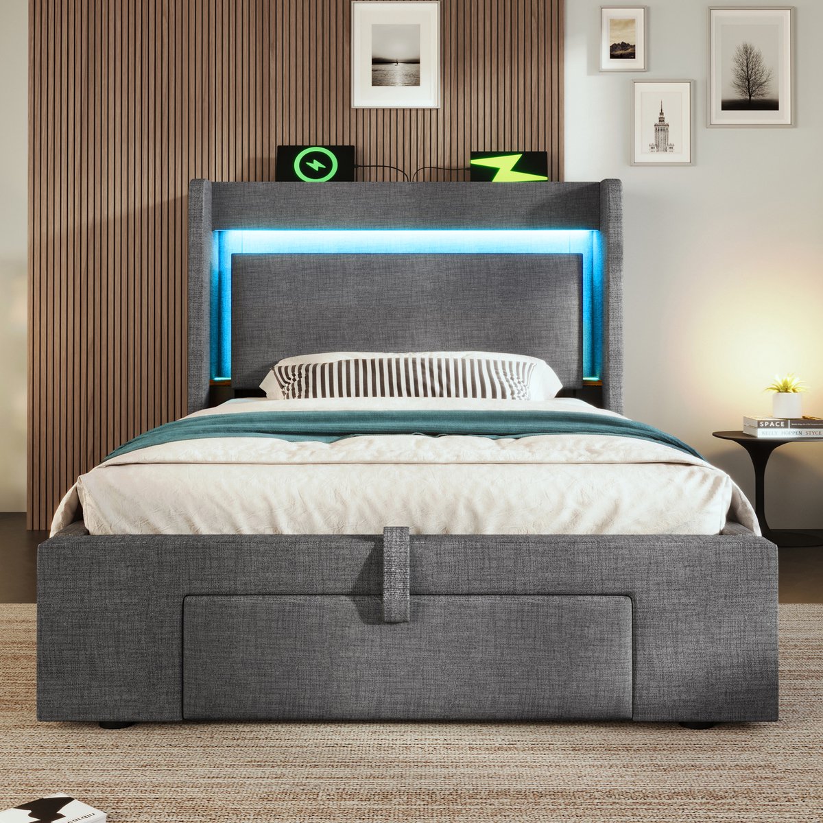 MEUNIQ gestoffeerd bed 90x200 cm met matras, hydraulische opbergruimte, hoofdbord met vakken, LED-verlichting, USB en USB-C, lattenbodem, grijs