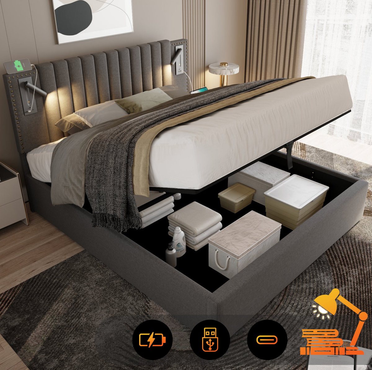 MEUNIQ gestoffeerd tweepersoons bed 180x200 cm met opbergruimte, verstelbaar hoofdbord, leeslamp, USB en Type-C, lattenbodem, grijs, zonder matras