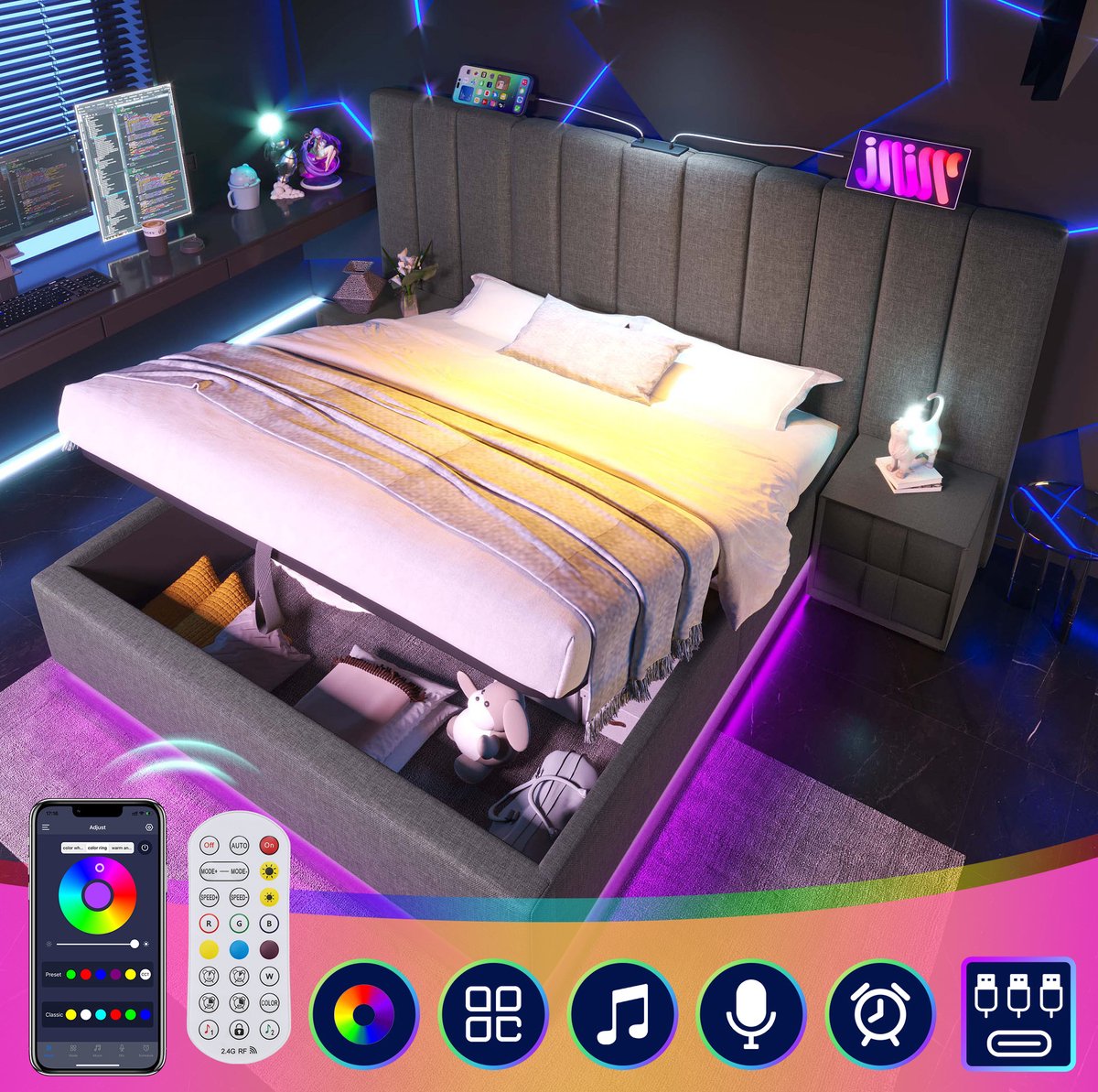 MEUNIQ tweepersoons opbergbed 160x200 met LED-verlichting, 3 USB-poorten en USB-C, lattenbodem, hydraulische opbergruimte, grijze stof, slaapkamer Grijs
