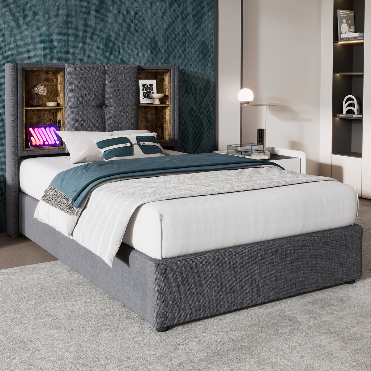 MEUNIQ eenpersoons gestoffeerd bed 90x200 cm met opbergruimte, lattenbodem, draadloos opladen, 2 USB en Type-C, hoofdbord met open vakken, grijs