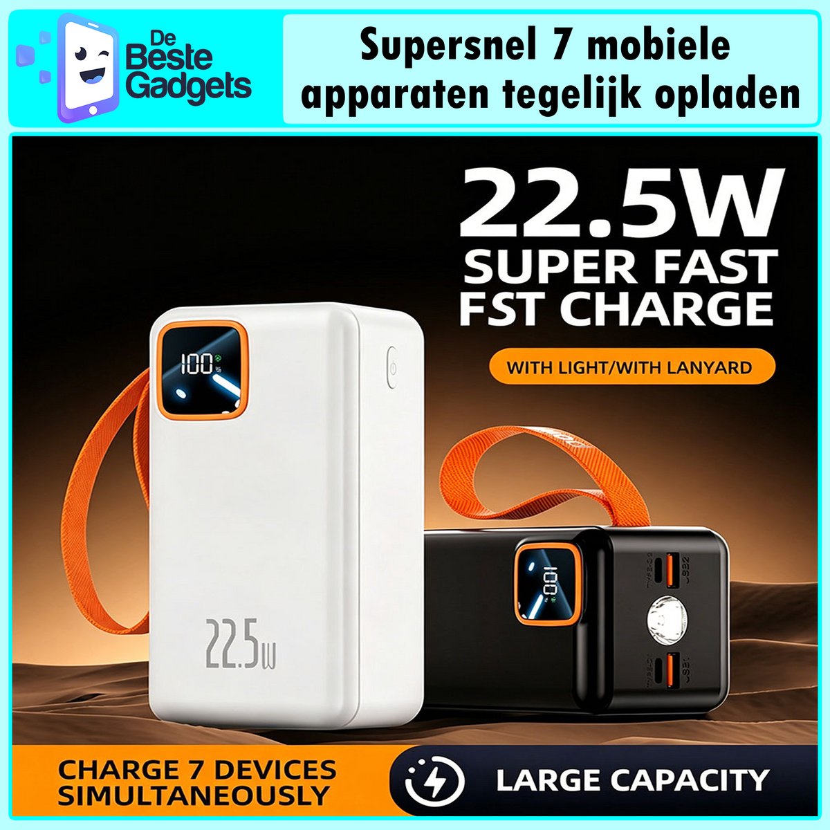 De Beste Gadgets Powerbank 60.000mAh – 22.5W Snelladen – 4 Ingebouwde Kabels – USB-C, Lightning & Micro-USB – Draagbare Oplader voor iPhone, Samsung, iPad & Meer — cadeau in Elektronica - foto 7
