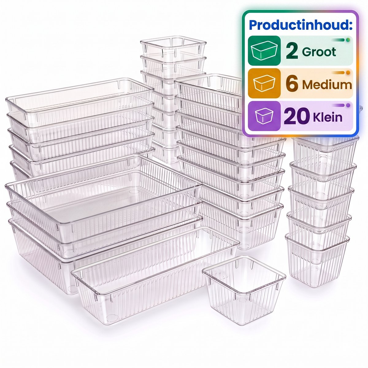 INDECOR Lade Organizer Bakjes - 28 Stuks - Organizer Bakjes - Lade Bakjes - Opbergbakjes - Make-up Organizer - Voor Keuken, Badkamer & Bureau - Kunststof - Transparant