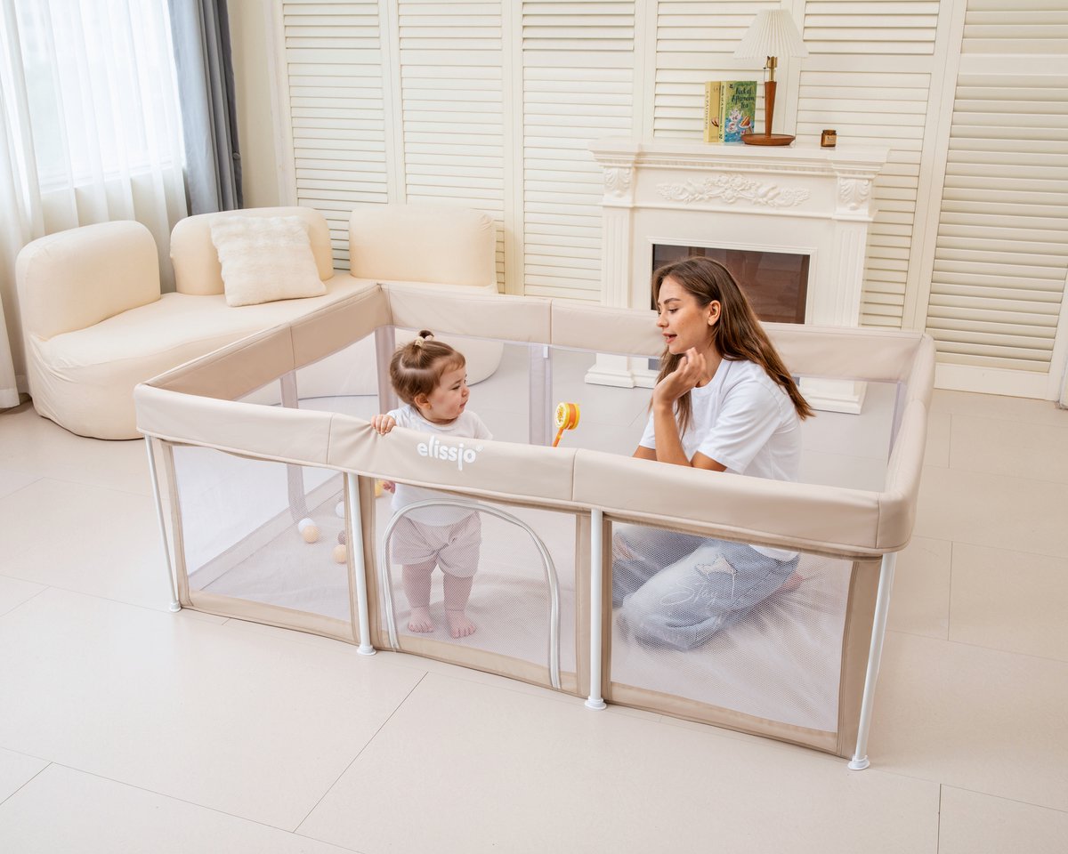 Elissio® - Grondbox Baby - Inklapbare Speelbox met Dubbelzijdige Speelmat & 50 Ballen - Kruipbox - Kinderbox - Playpen Baby - 180x120 CM - Beige – foto 2