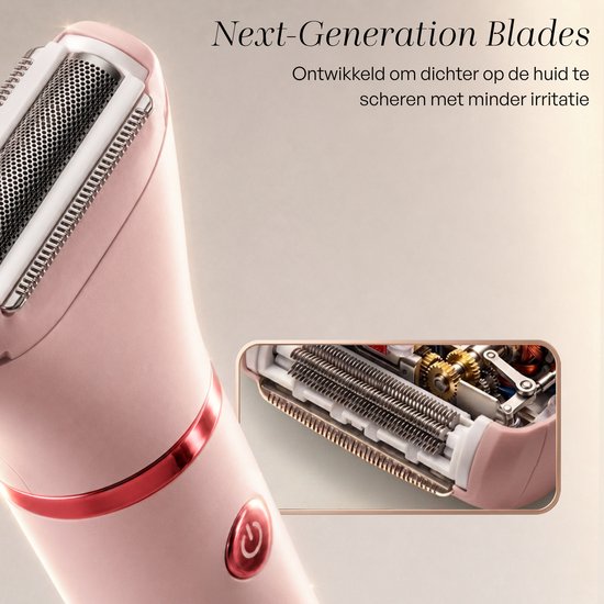 Close-up van de roze ladyshave met next-generation bladen en interne mechanische onderdelen.
