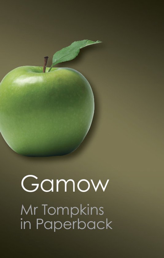 Groene appel met een blad en de tekst 'Gamow Mr Tompkins in Paperback'.