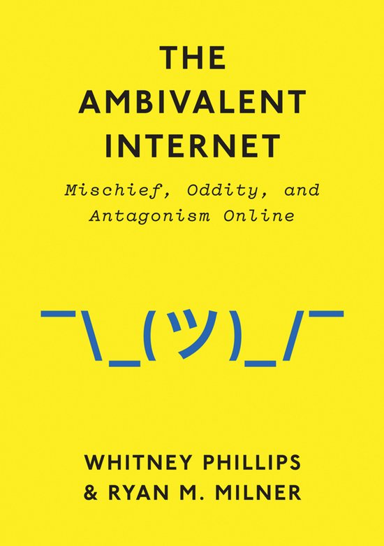 Couverture de livre jaune avec le texte 'THE AMBIVALENT INTERNET' et une émoticône