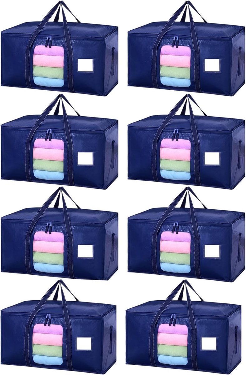 Opbergzakken Deksel - Verhuisdozen Opvouwbaar - Ruimte Besparen - Transparant Kijkvenster - 8 stuks 90 liter - Blauw