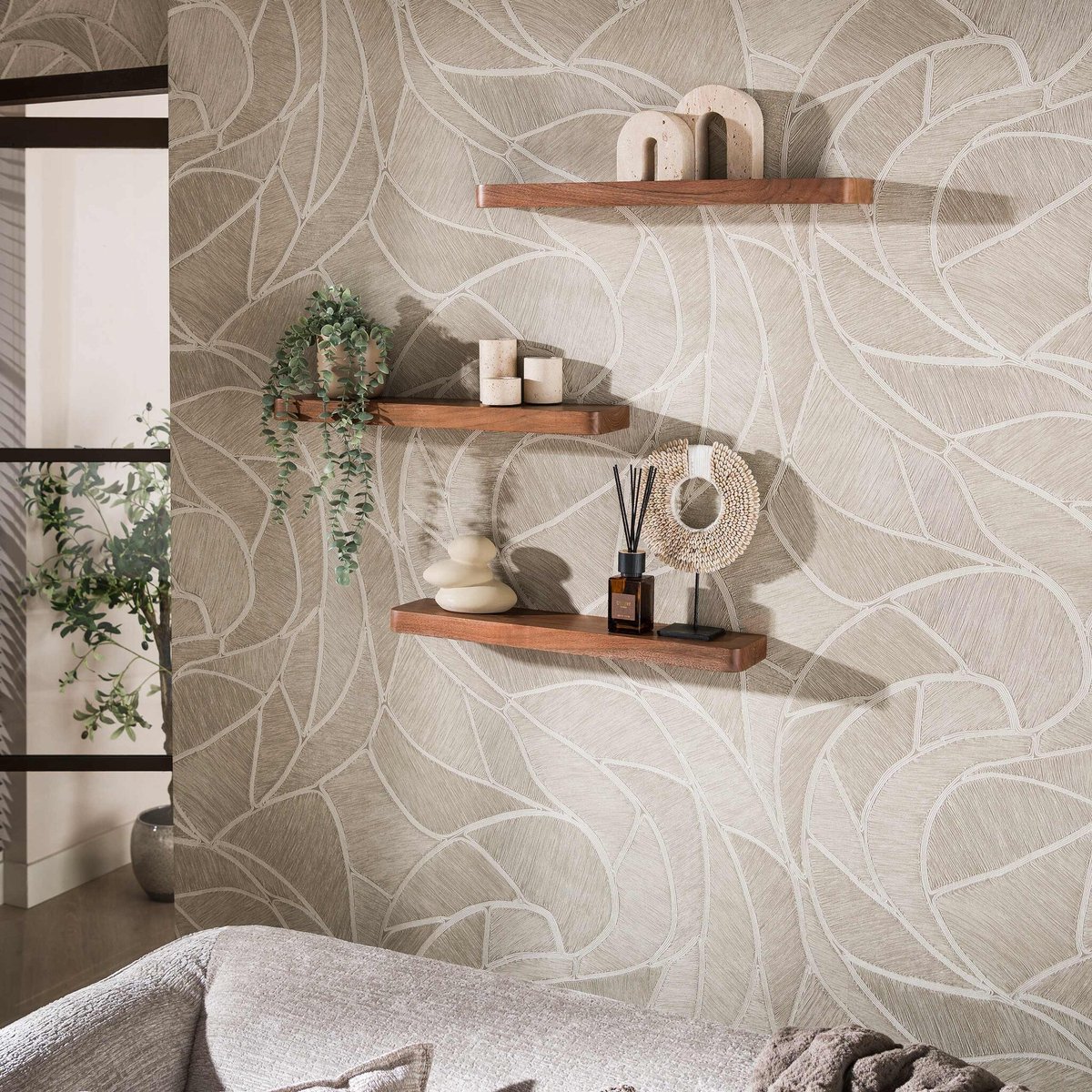 PS-Collection Wandplank Acaciahout Bruin Carve Set van 3 - wandplank, wandrek industrieel, wandrek metaal zwart, wandrek rond, wandrekken, wandplank zwevend, wandplank hout