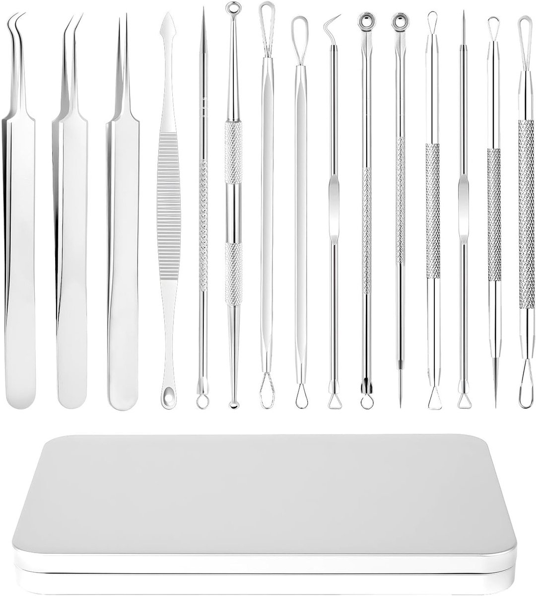 Complete Comedone Squeeze Kit met 15 Stuks - RVS Pimple Verwijder Tool Set met Opbergdoos voor Effectieve Huidverzorging en Zwarte Punt Verwijdering