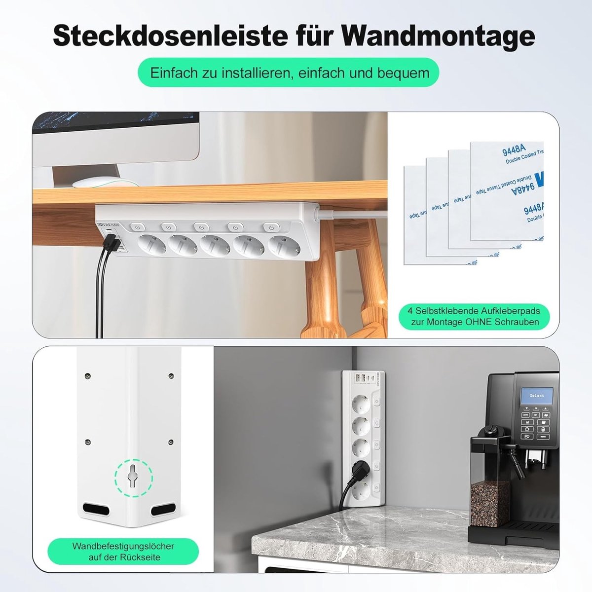 Stekkerdoos met USB - Wit - 9-in-1 met Schakelaars - 2 m Kabel - Voor Thuis en Kantoor