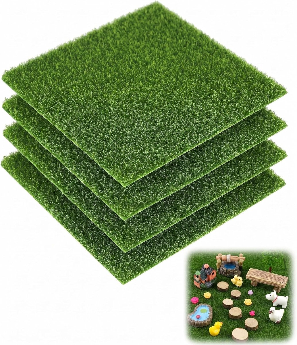 Kunstmos matten 15 x 15 cm - 4 stuks - realistisch decoratief - ideaal voor miniatuurtuinen - ShopVlot