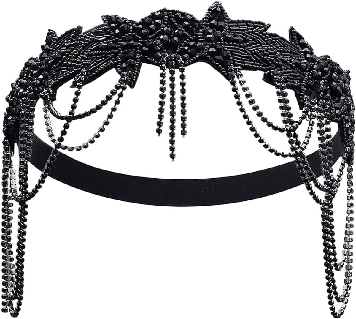 Flapperkap zwart - retro rammelaarketting - kinband met stenen sieraden - perfect voor feesten - ShopVlot
